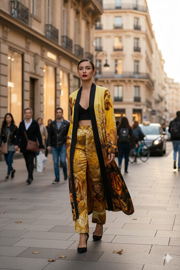 yellow silk kimono, cream slip dress, luxury bedroom outfit, shahida parides, womens silk robe, elegant womenswear