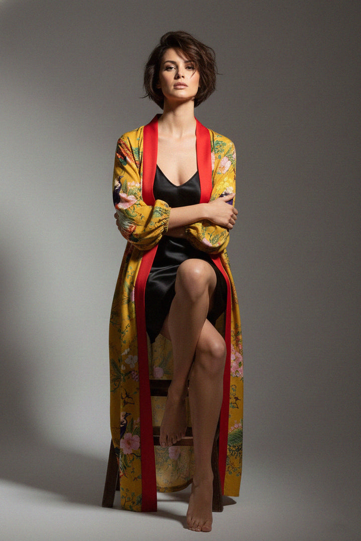 elegant silk kimono, floral print wrap, womens long robe, red border design, chic modern style, black slip dress