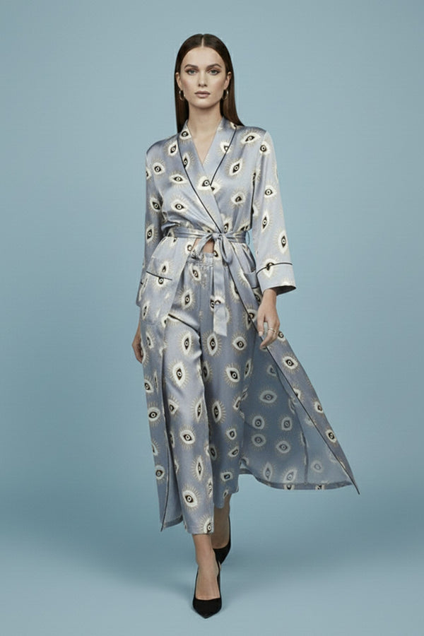 shahida parides, boho robe style, long silk look, resort fashion, designer duster, womens kimono robe