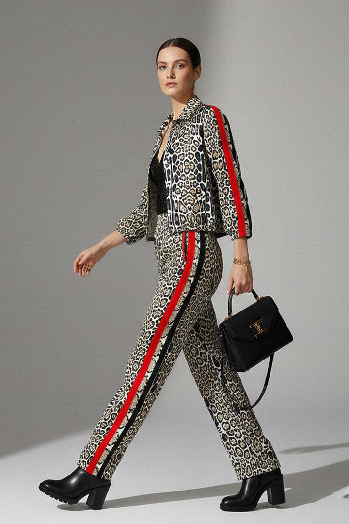 shahida-kyle-richards style, luxe leopard suit, chic two piece, modern women’s wear, bold stripe detail