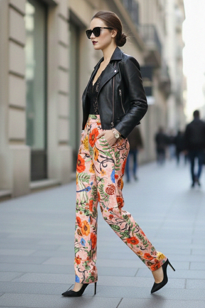 shahida-kyle-richards inspired, floral straight pants, women print trousers, chic lace styling