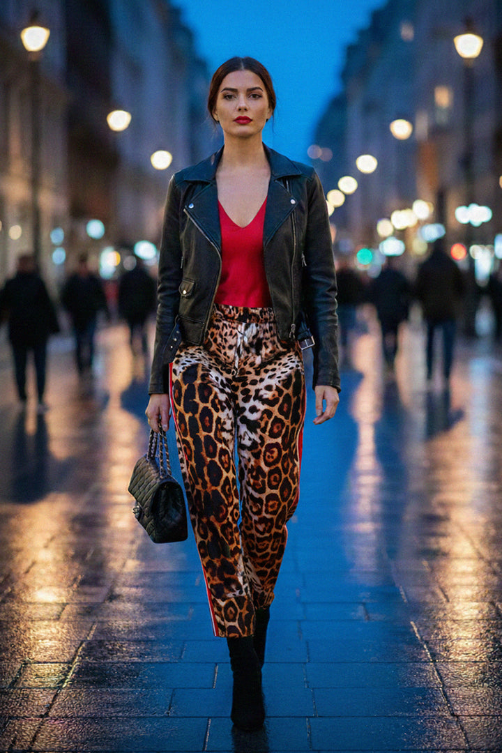 leopard pants, street style, shahida-kyle-richards, night fashion, chic outfit, animal print