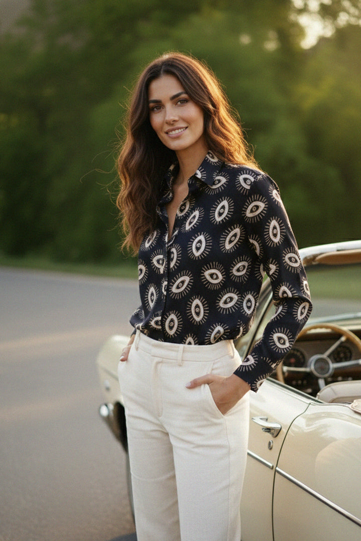 black printed shirt, stylish blouse, shahida-kyle-richards, everyday top, chic streetwear