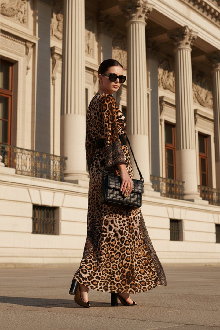 fashionable animal print, stylish womens dress, premium floor length, celebrity inspired fashion, statement wrap dress