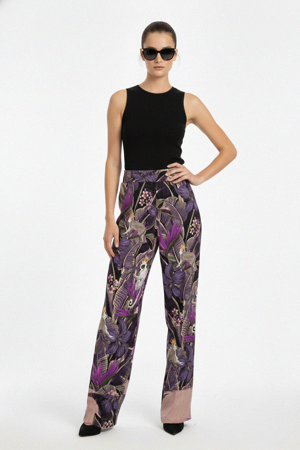 forest silk pants, purple leaf print, animal detail trousers, luxury straight leg, botanical pattern pant