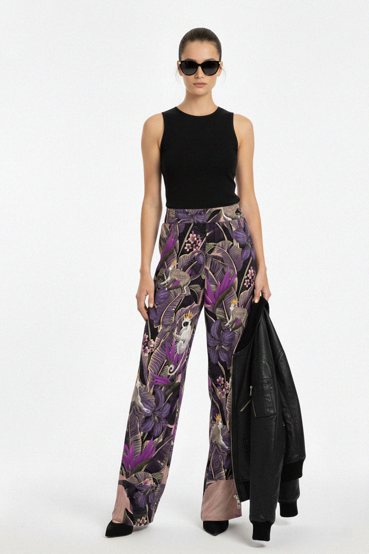 high fashion silk, nature motif pant, elegant wide leg, shahida-kyle-richards