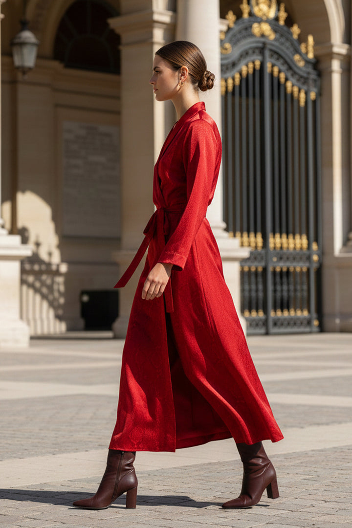 full length dress, wrap silhouette, cupro sustainable dress, shahida kyle design, blood stone womens outfit, luxury eco wear