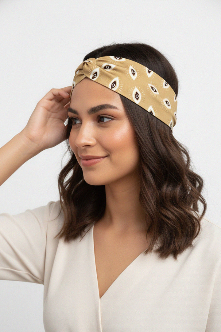 gold pattern, elegant wrap, silky fabric, hair accessory, women’s headwear