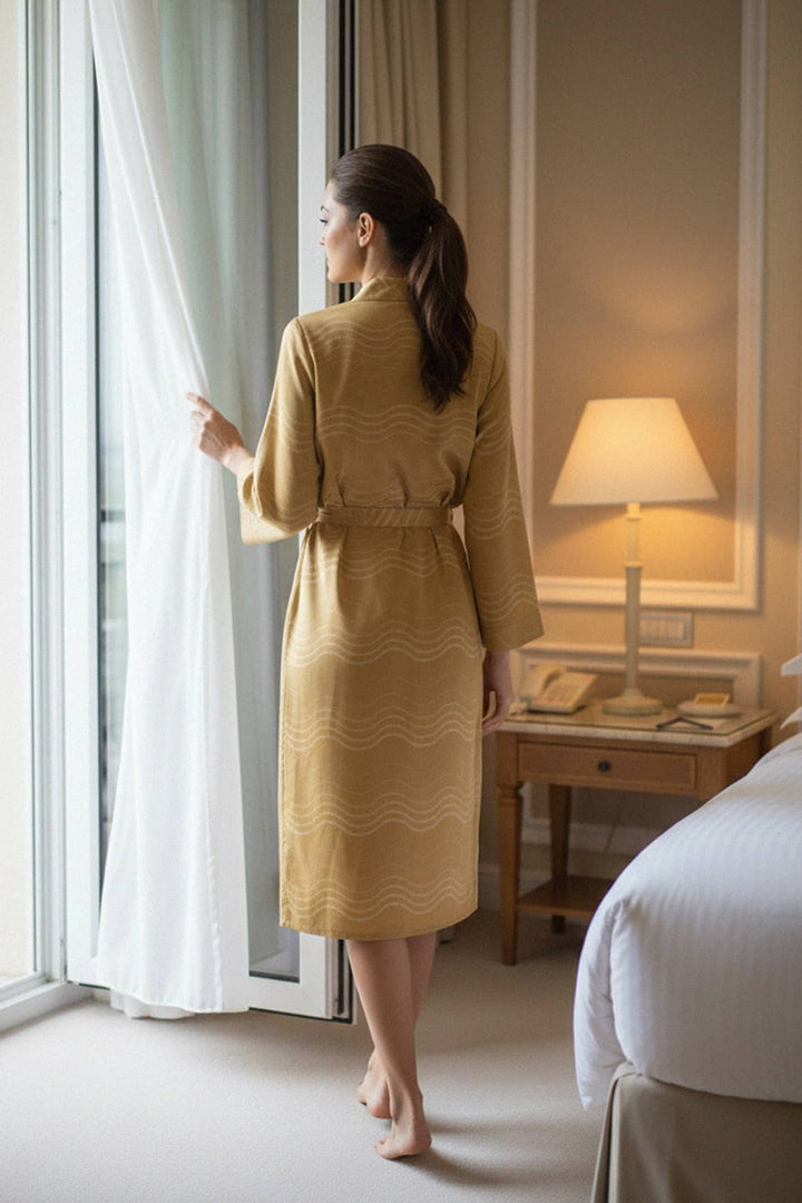 golden midi, organic stripes, elegant wrap dress, summer luxury, belted design