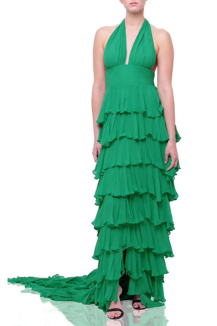  green cocktail dress, plunging v neckline dress, plus size maxi dresses, long ruffle dress,tropical elegance, vacation chic, timeless glamour