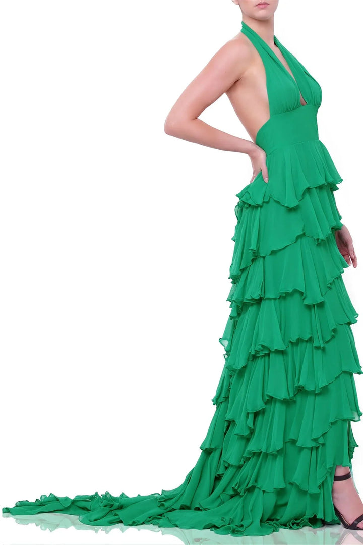  emerald green dresses, deep plunge v neck dress, long dresses for women, tiered ruffle maxi dress,special occasion, flowy chiffon, formal look, statement outfit