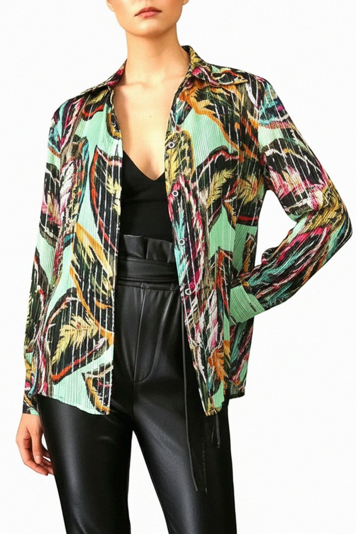 relaxed green shirt, colorful leaf style, airy fabric shirt, daily wear top, shahida-kyle-richards