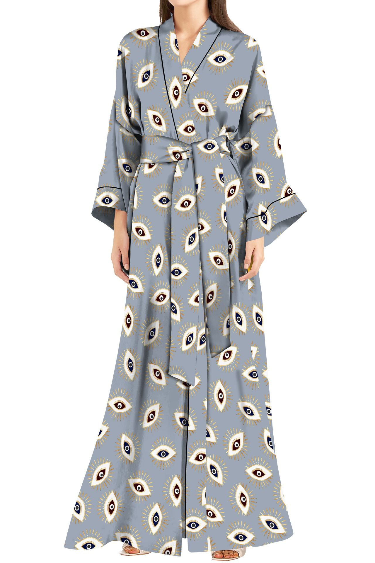 "gray robe womenss" "Kyle X Shahida" "evil eye print dress" "long silk kimono"