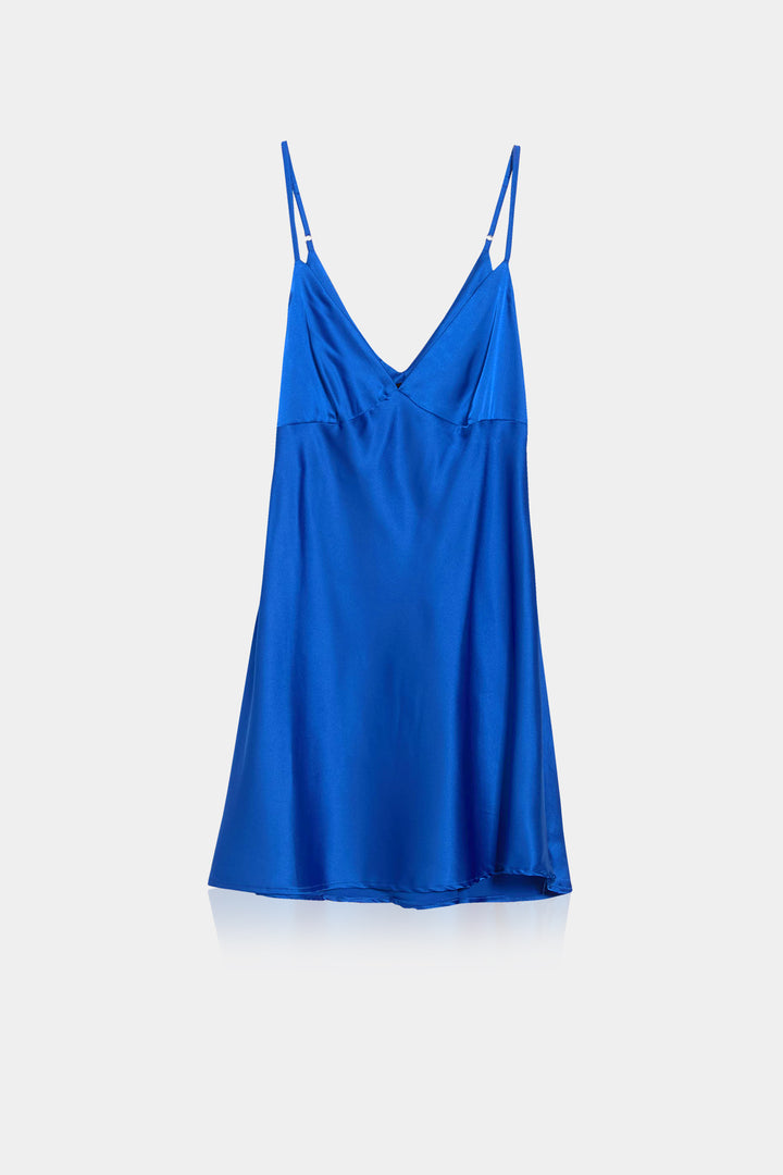 royal blue satin mini dress Biarritz Surplice Neckline Ruched Satin Mini Dress Blue
