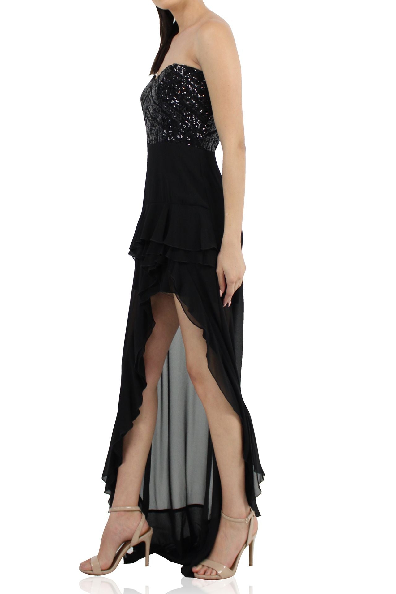 "black high and low dress" "Kyle X Shahida" "black sequin dress strapless" "black sequin party dress"