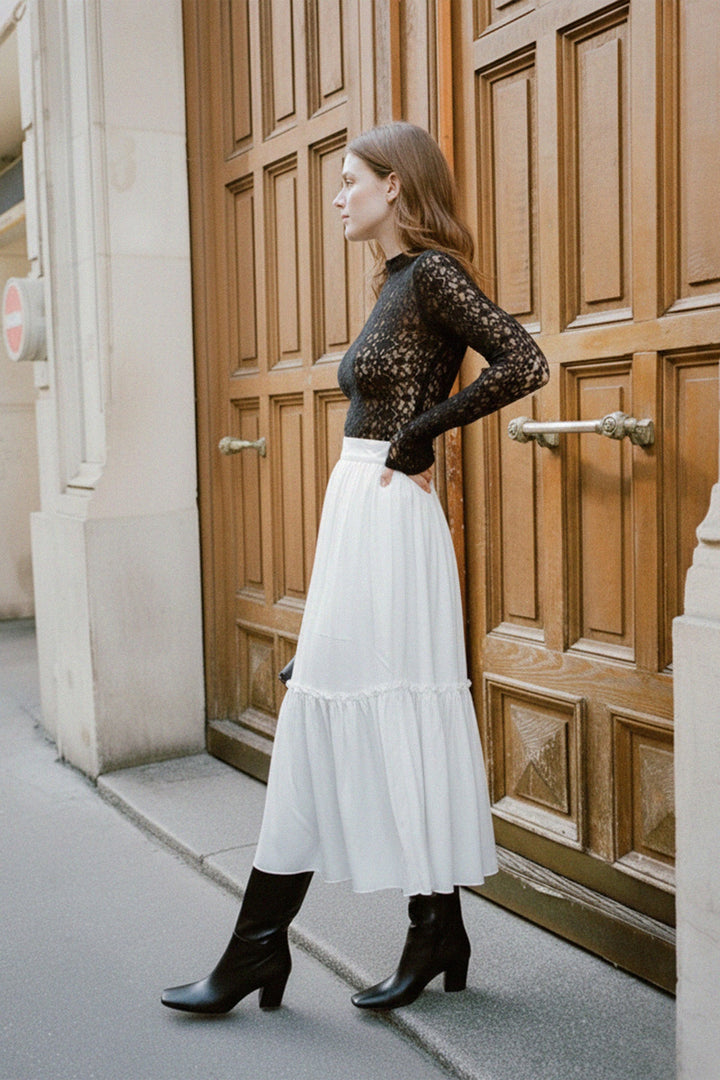 N ea Pari,
women’s tiered midi skirt,
midi skirt with tiers,
tiered skirt for women,