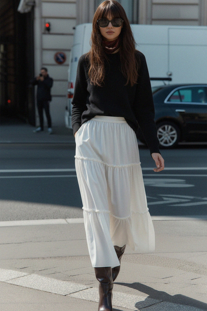 pleated tier skirt, 
tiered skirt outfit,
viscose tiered skirt,
N ea Pari,