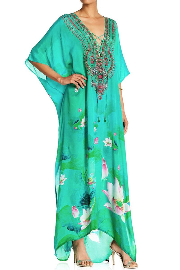 tropical dresses for vacation, cute vacation outfits, Shahida Parides, maxi kaftan,