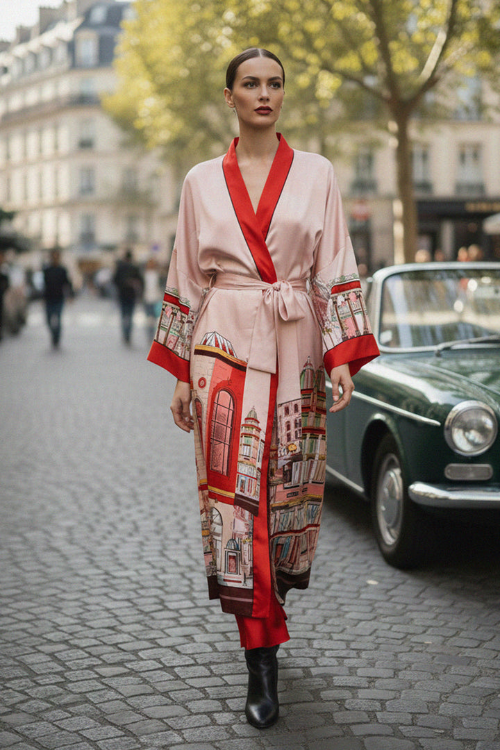 red silk kimono dress, women's printed midi robe, luxury silk kimono, Kyle x Shahida designer robe, elegant red dress