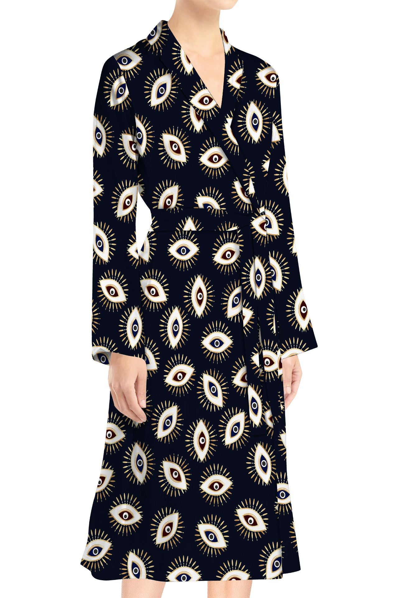 "printed wrap dress"  "Kyle X Shahida" "evil eye print" "wrap dresses for women"