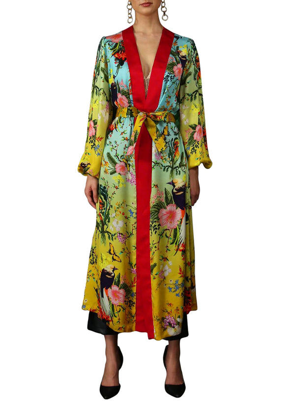 Kyle X Shahida, long silk robe, robe silk kimono, designer kimono, silk green robe, silk yellow robe