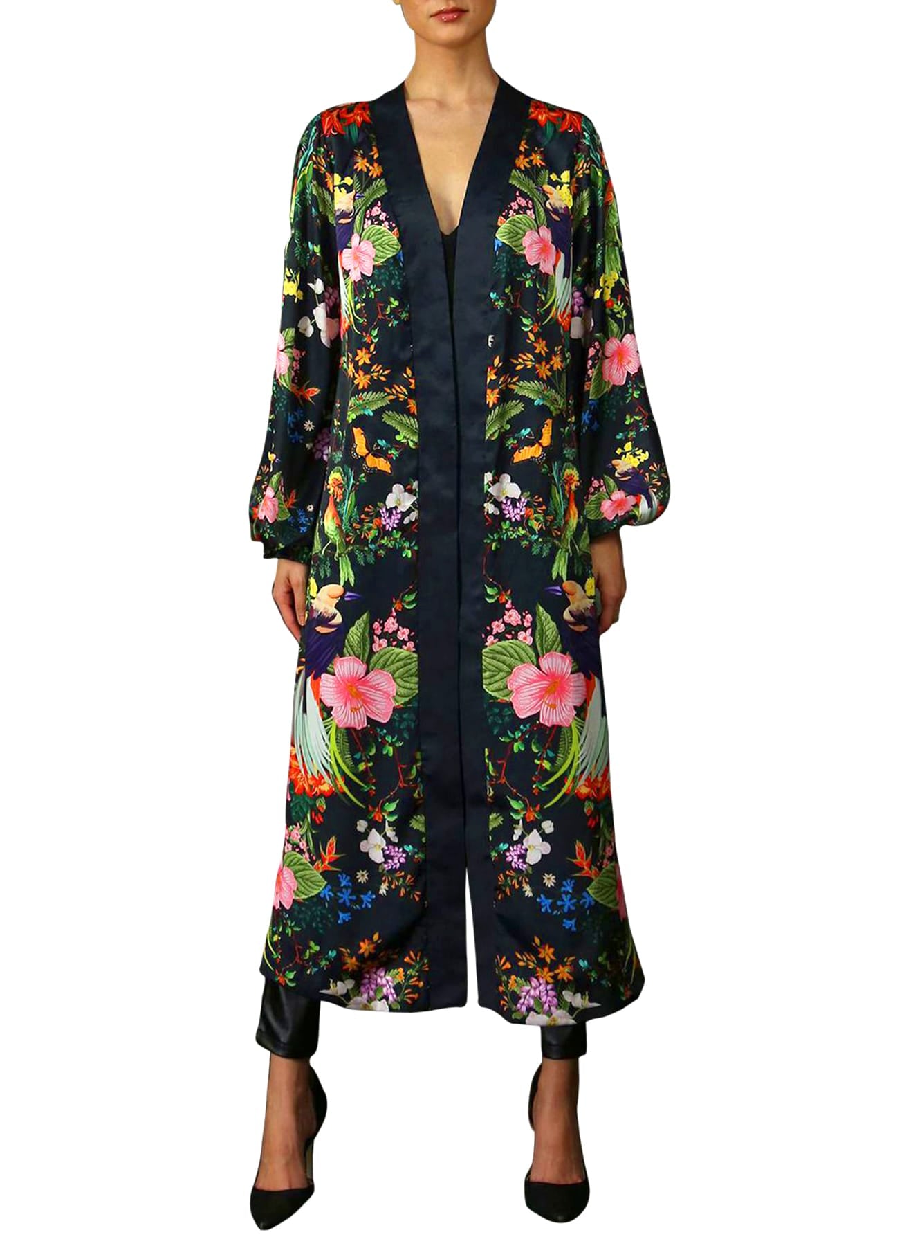"long black silk robe" "Kyle X Shahida" "woman in silk robe" "womens long kimono" "plus size long kimono"