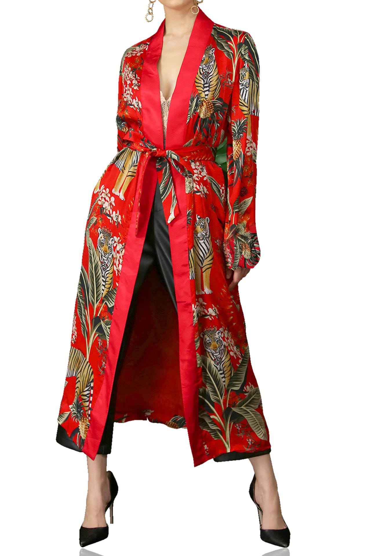 "silk kimono robe womens" "printed silk robe" "silk kimono womens" "Kyle X Shahida" "womens animal print robe"  "colorful kimono"