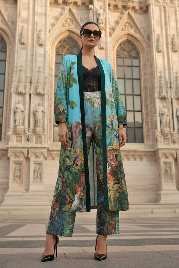 silk kimono robe, satin trench coat, jungle print jacket, shahida parides, designer silk robe, luxury womens kimono