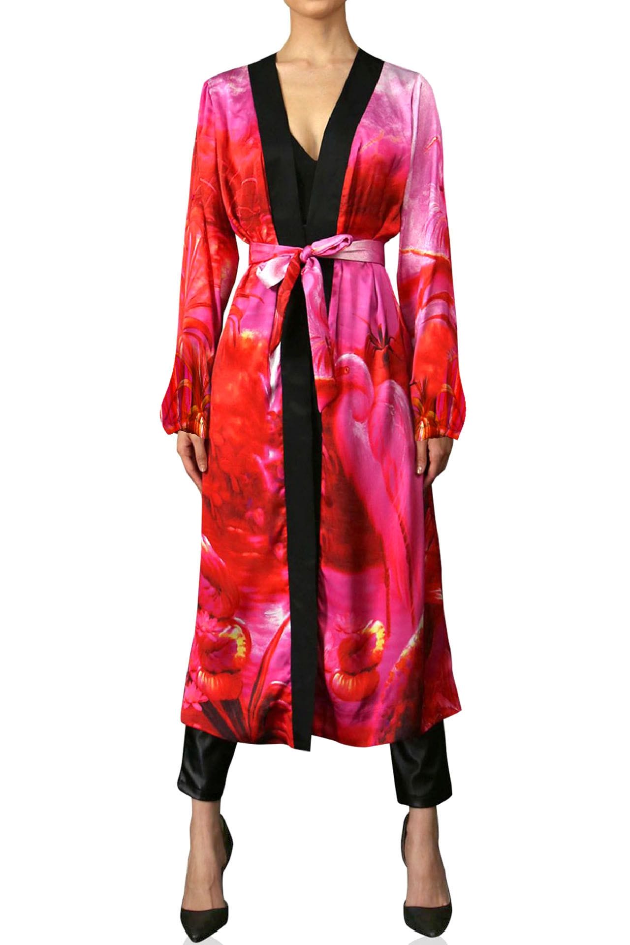 "Kyle X Shahida" "kimono print" "washable silk robe" "silk kimono robe womens" "hot pink robe silk"