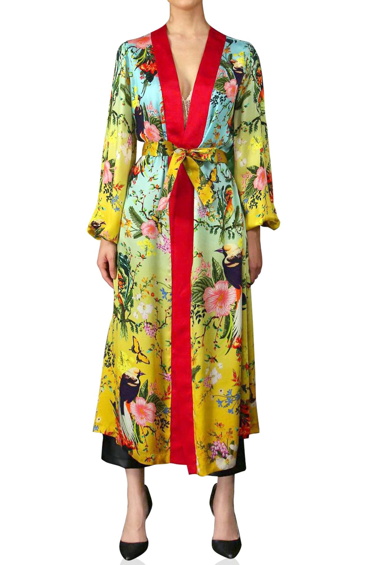 "Kyle X Shahida" "silk green robe" "womens long kimono robe" "silk yellow robe" "plus size kimono" "womens long kimono"