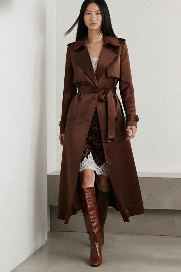 Lustrous satin coat for evening events and holiday outerwear, Shahida,