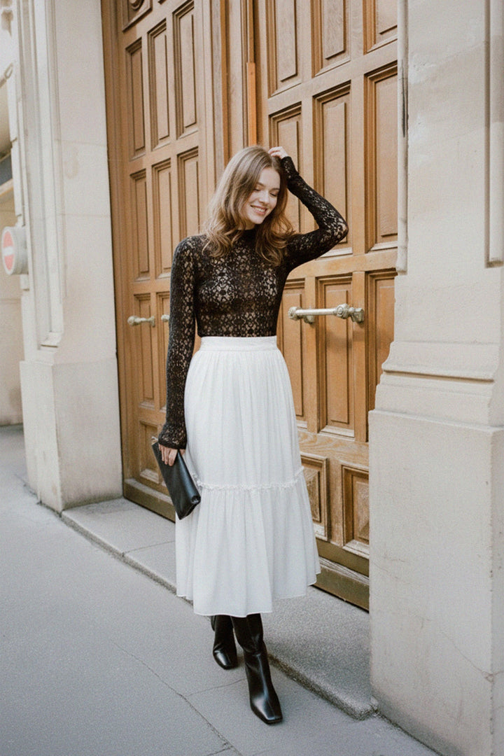 N ea Pari,
tiered midi skirt,
midi tiered skirt,
tiered skirt midi length,