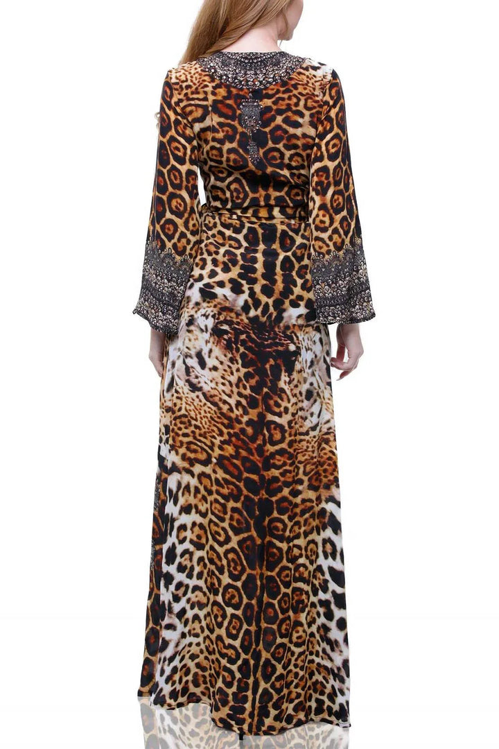 floor length dress, Shahida Parides, leopard print wrap dress, wrap animal print dress, chic womens fashion