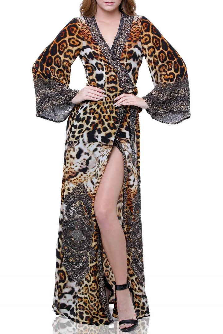 chic animal print, designer womens dress, trendy leopard dress, fashionable wrap dress, statement floor length