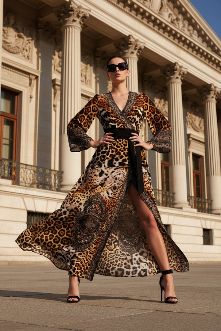 leopard wrap dress Shahida, floor length dress, womens luxury dress, elegant wrap dress, chic animal print, designer womens dress