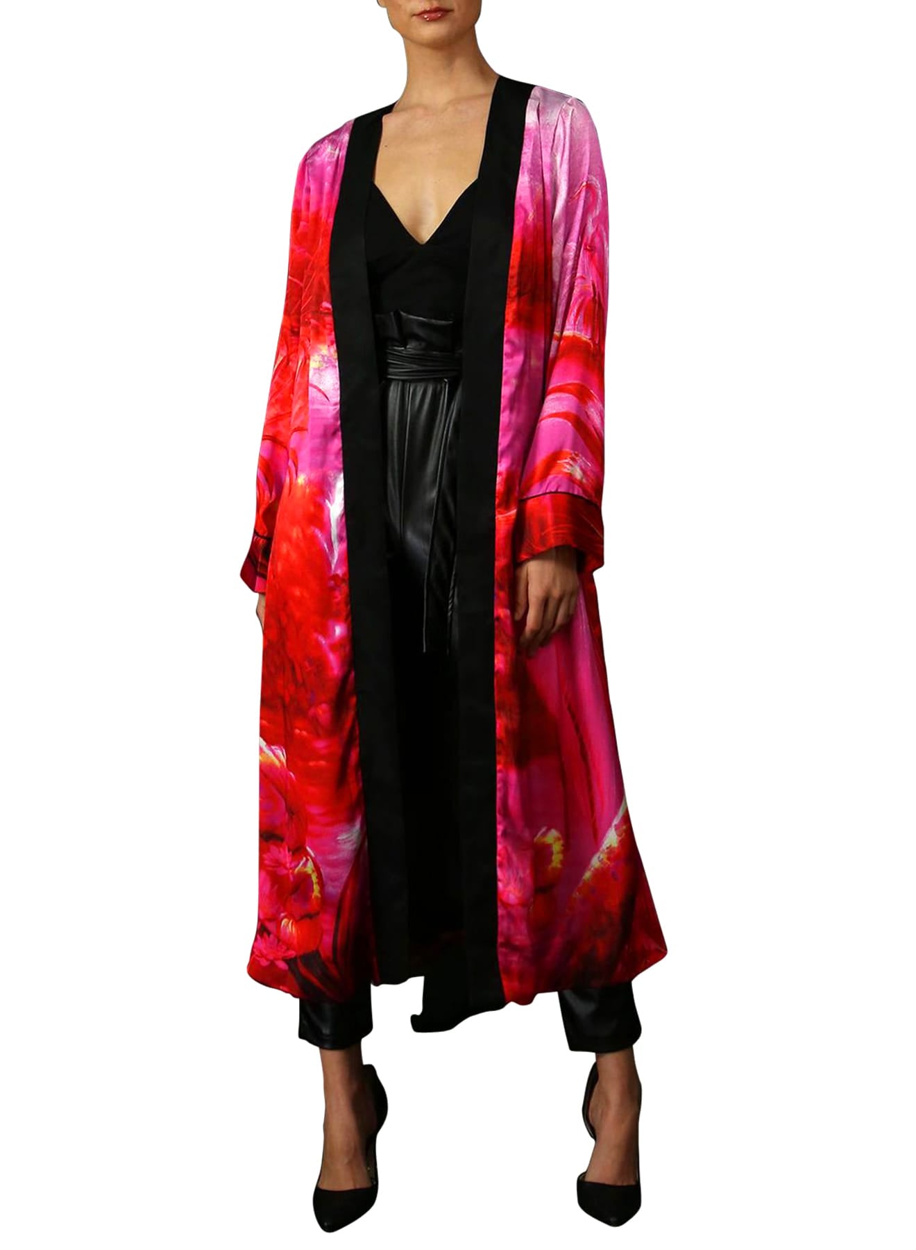 "Kyle X Shahida" "silk kimono robe" "belted kimono" "plus size long kimono" "hot pink robe silk"