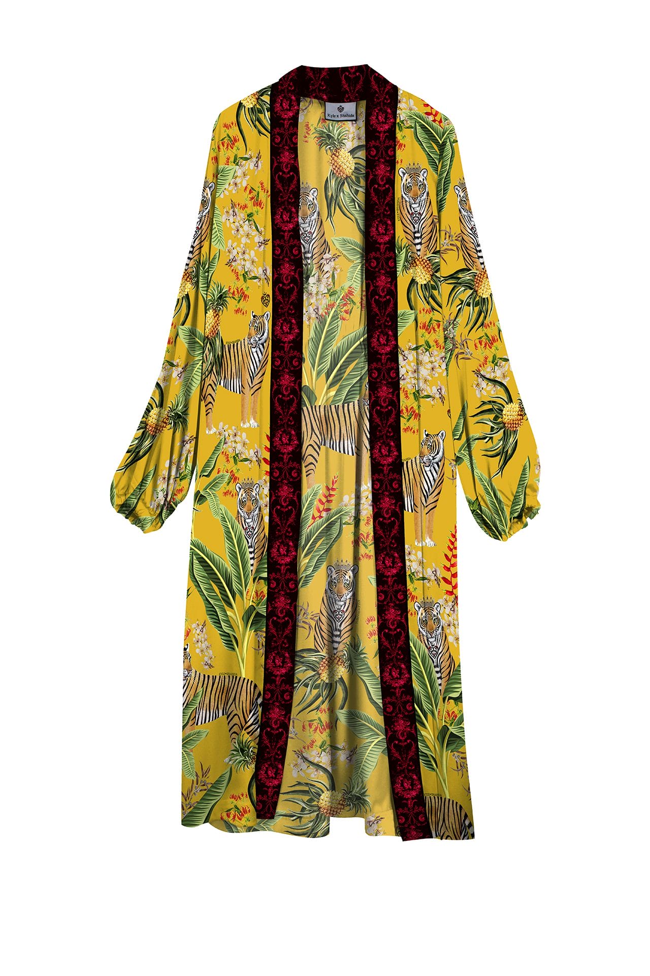 "yellow silk kimono" "Kyle X Shahida" "kimono silk robes for women" "long kimono robe womens" "floral kimono robe"