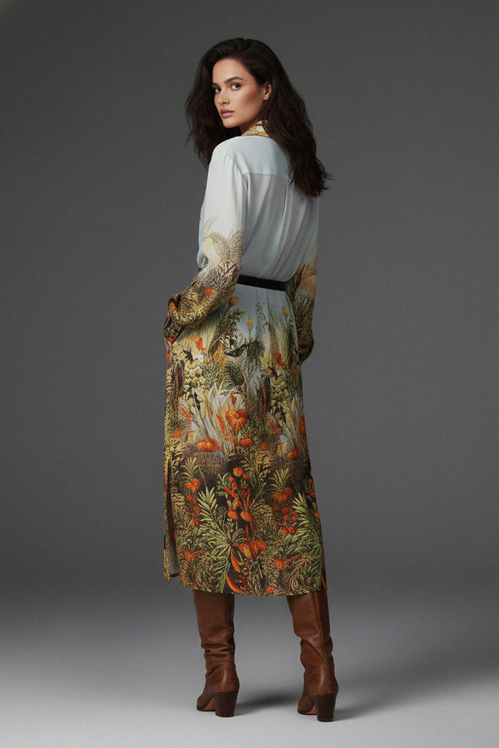 shahida-kyle-richards, nature illustration dress, collar shirt dress, long artistic dress, belted waist outfit