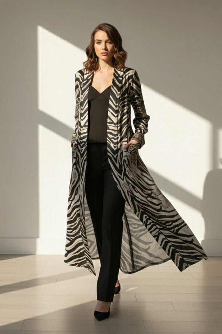 zebra motif, luxury kimono, fashion duster, modern chic, studio light, soft tones
