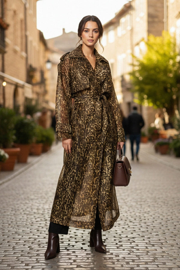 sheer leopard print long coat for women’s wardrobe, Shahida,