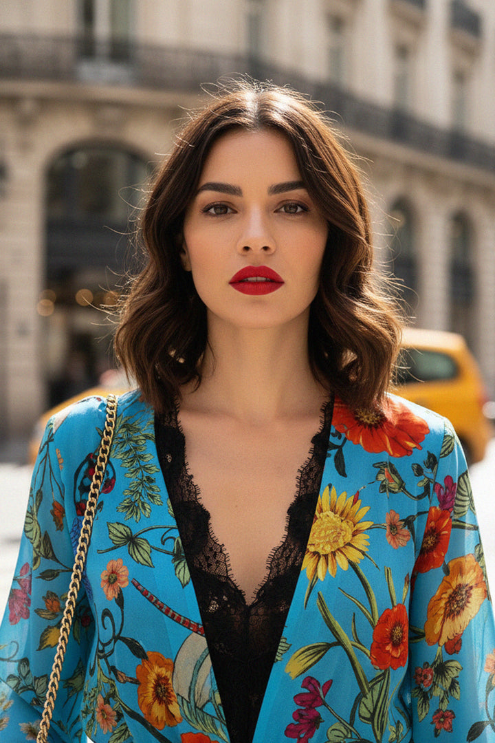 garden print, sheer design, floral coat, bright blue, walking style, feminine feel, city backdrop, fashion layering