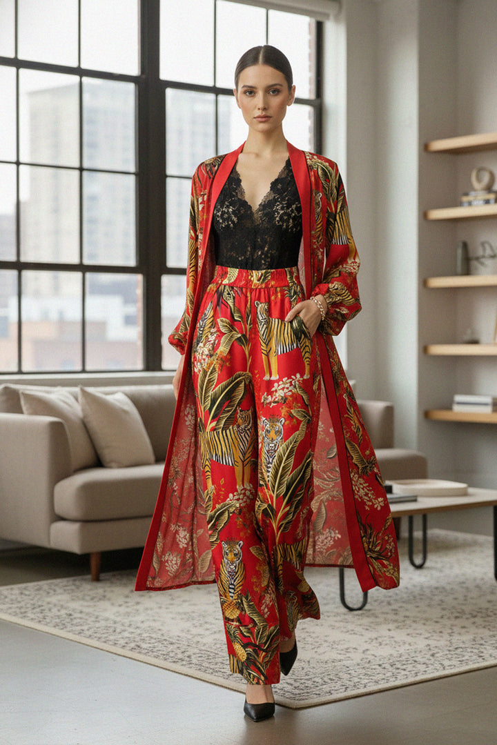 womens kimono, silk fashion, bold animal print, lounge luxury, fashion robe, Kyle inspired, chic wrap