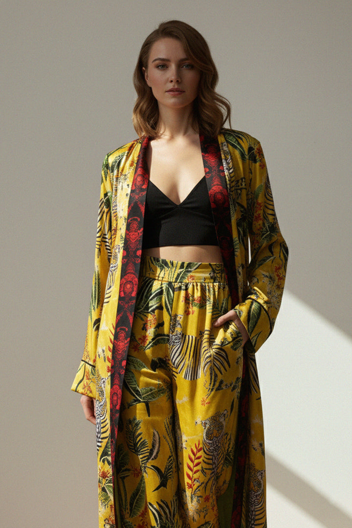 exotic print, silk fashion, kimono coat, elegant robe, red trim, patterned silk, fashion outfit