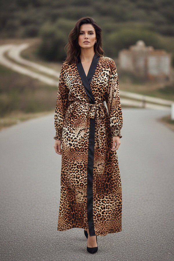 animal-print robe, black-trim design, satin maxi dress, belted lounge robe, wild-style fashion