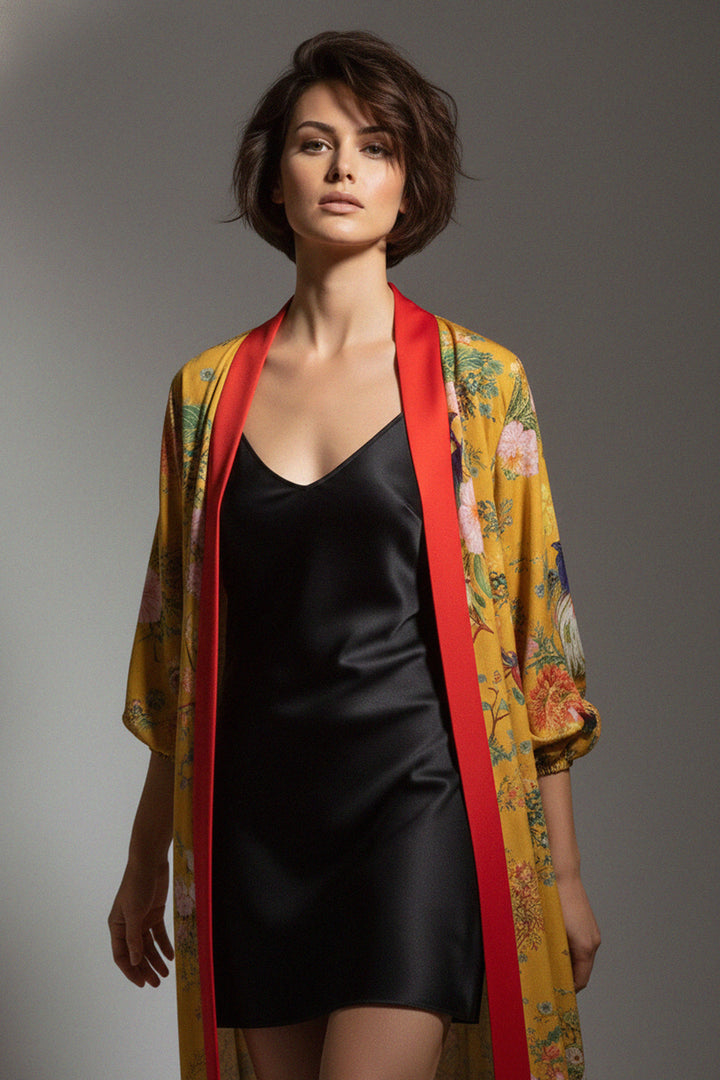 long silk robe, yellow kimono, red trim wrap, floral print robe, womens luxury wear, elegant lounge style