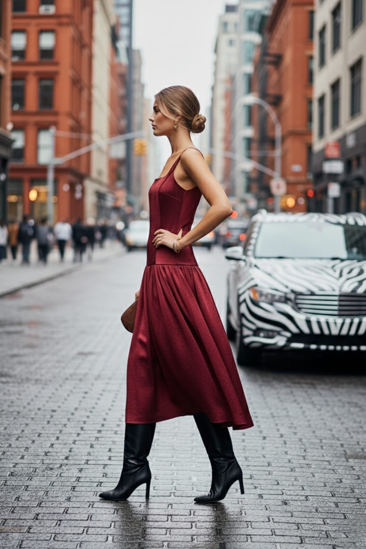 Shahida Parides,
sleeveless fit and flare dress,
satin fit and flare midi dress,