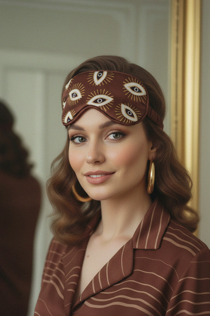 matching pajamas, luxury accessory, brown satin style, feminine rest gear, chic homewear,