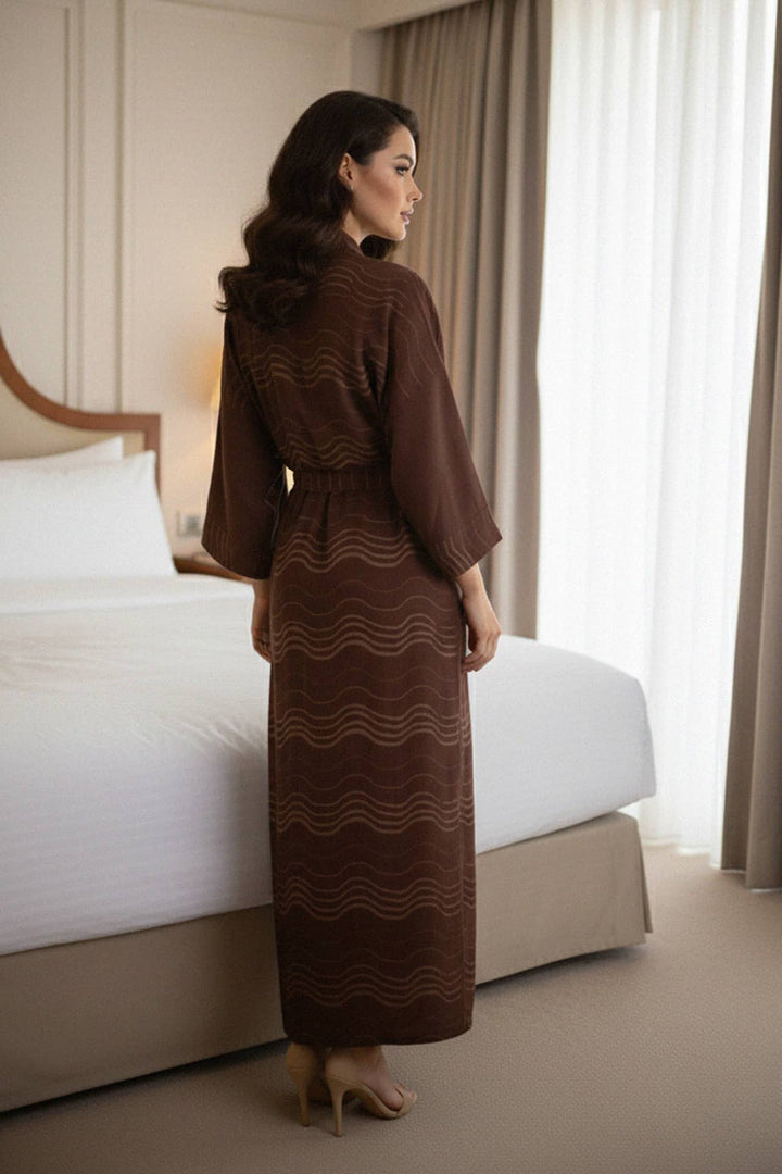 soft kimono, luxury wrap, chic lounge dress, stylish robe, pattern print, brown tones