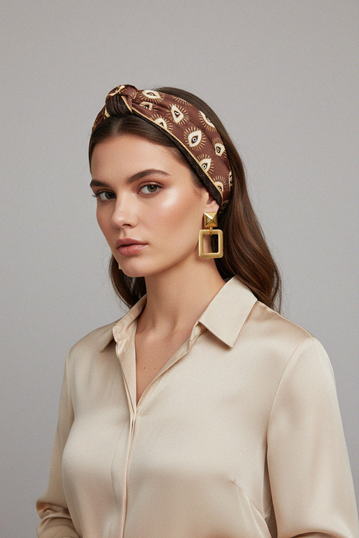 luxury scarf, printed scarf, evil eye design, modern fashion, chic neckwear, stylish details