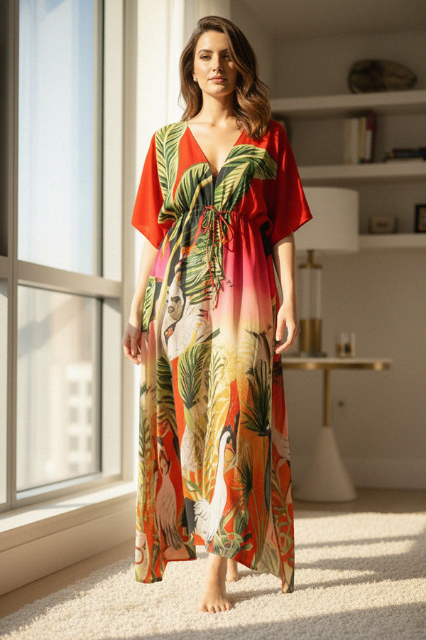 silk kaftan dress, jungle print clothing, luxury resort wear, boho fashion outfit, flowy dress women